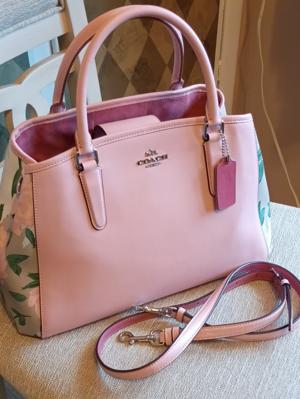 Coach Margo Pink Rose Print Carryall leather Satchel